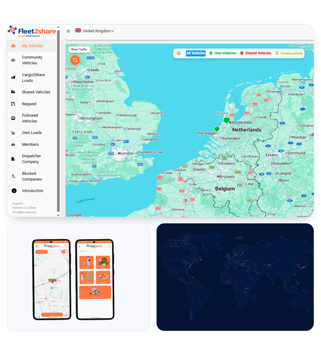 Fleet2Share dashboard, mobile apps and network map